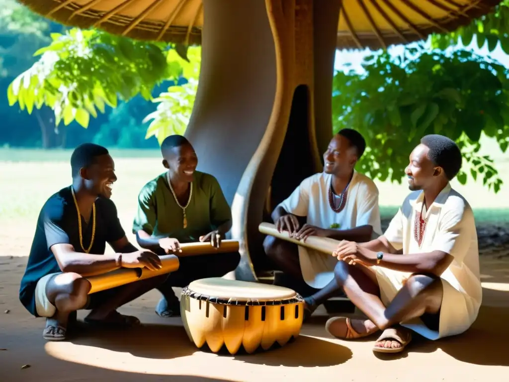 Grupo de músicos Lozi tocando la silimba bajo un árbol en Zambia