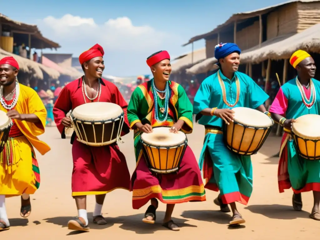 Grupo de músicos tocando el Lunga, un tambor tradicional Dagbani, en un animado mercado, destacando la historia y cultura del tambor bajo Dagbani