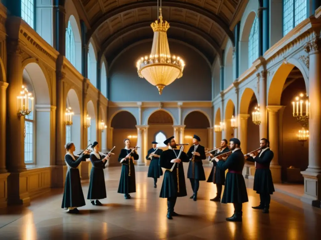 Un grupo de músicos renacentistas toca flautas en un majestuoso salón