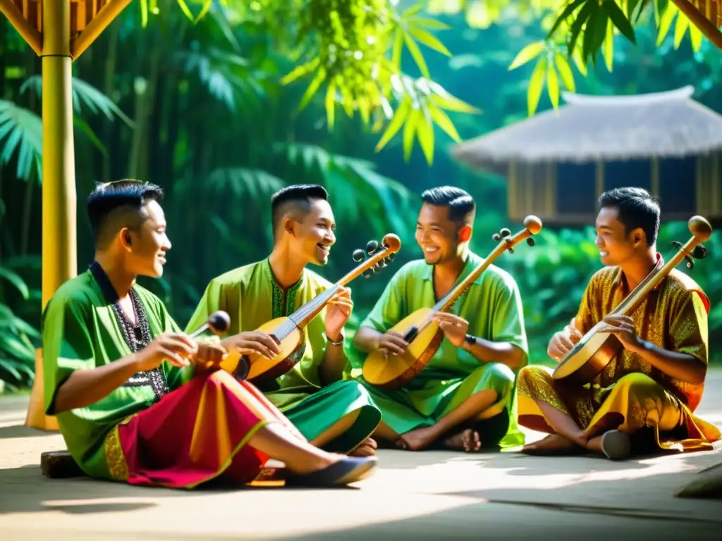 Grupo de músicos malasios tocando instrumentos de bambú en el Festival Rainforest World Music Malasia, bajo la exuberante selva tropical