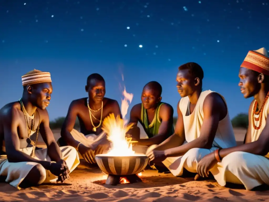 Un grupo de músicos malienses tocan jembe alrededor de una fogata bajo un cielo estrellado, evocando la historia y construcción del jembe en Mali