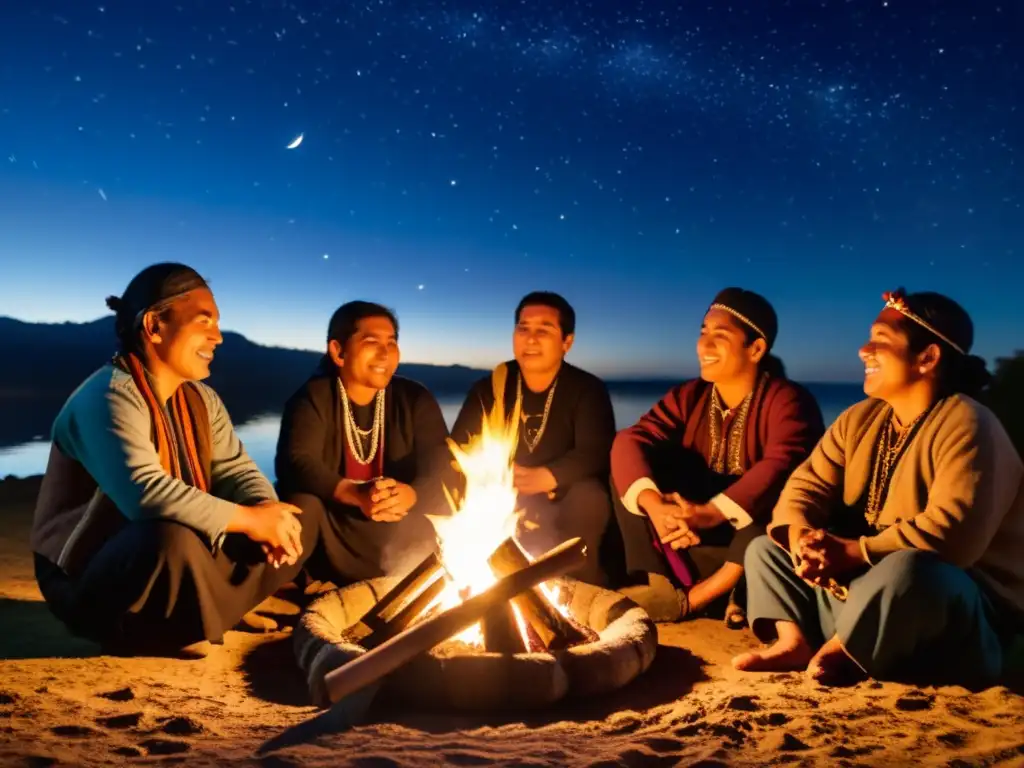 Grupo de músicos Mapuche interpretando canciones alrededor de una fogata en el Festival de Música Tradicional Mapuche, bajo un cielo estrellado