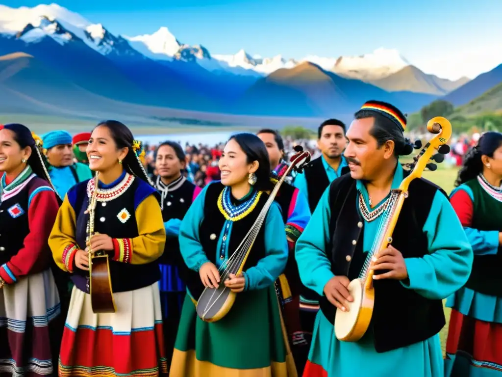 Grupo de músicos Mapuche en Festival de Música Tradicional, con trajes coloridos y montañas de los Andes de fondo