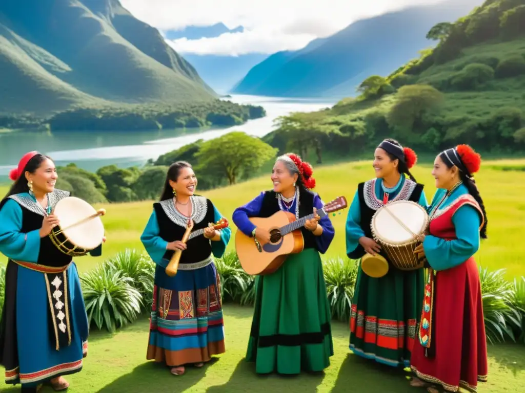 Grupo de músicos Mapuche tocando instrumentos tradicionales en un festival de música tradicional Mapuche, rodeados de naturaleza exuberante y montañas