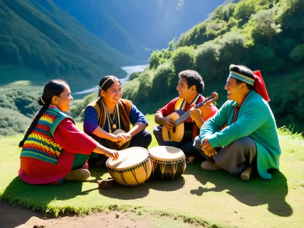 Grupo de músicos Mapuche tocando instrumentos tradicionales en un festival de música tradicional Mapuche, rodeados de naturaleza exuberante y montañas