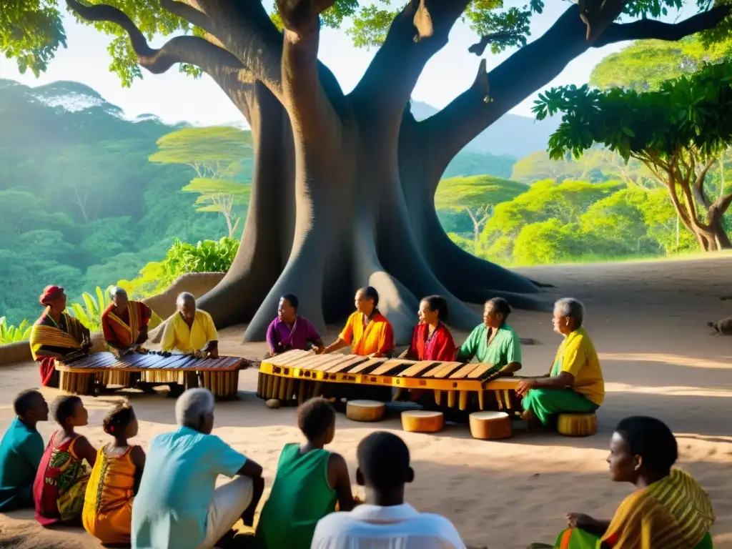 Grupo de músicos de marimba tocando bajo un ceiba en la selva