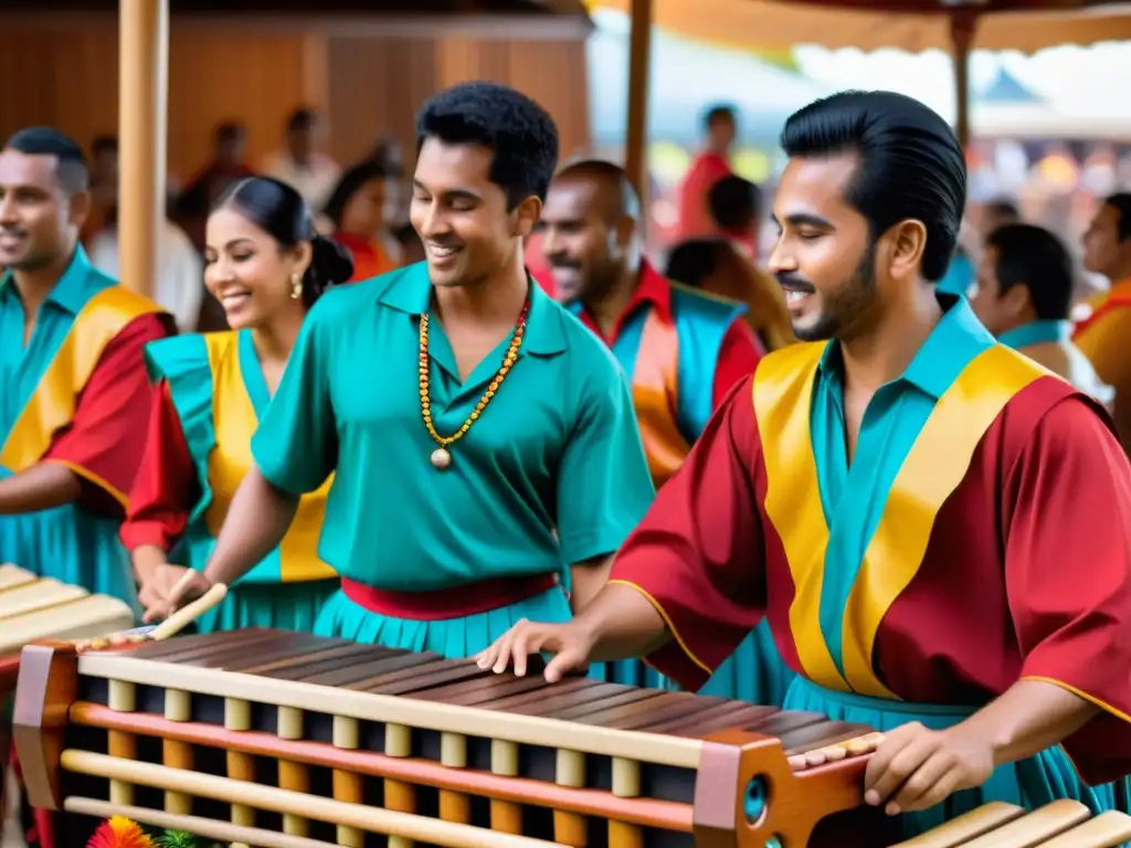 Grupo de músicos tocando la marimba en un festival tradicional de América Latina