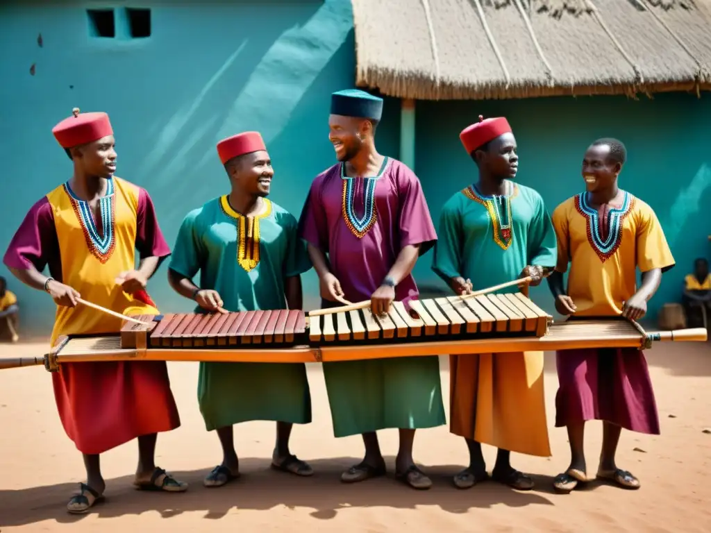 Un grupo de músicos toca la marimba en un pueblo africano, evocando la resonancia cultural de la marimba africana