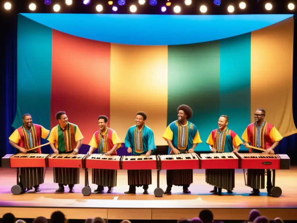 Grupo de músicos de marimba con trajes tradicionales en escenario vibrante, Resonancia cultural de la marimba africana