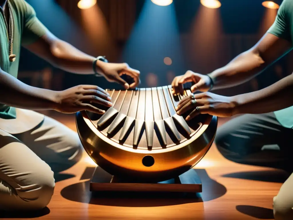 Un grupo de músicos toca el mbira amplificado en un entorno contemporáneo, fusionando la música africana tradicional con elementos modernos