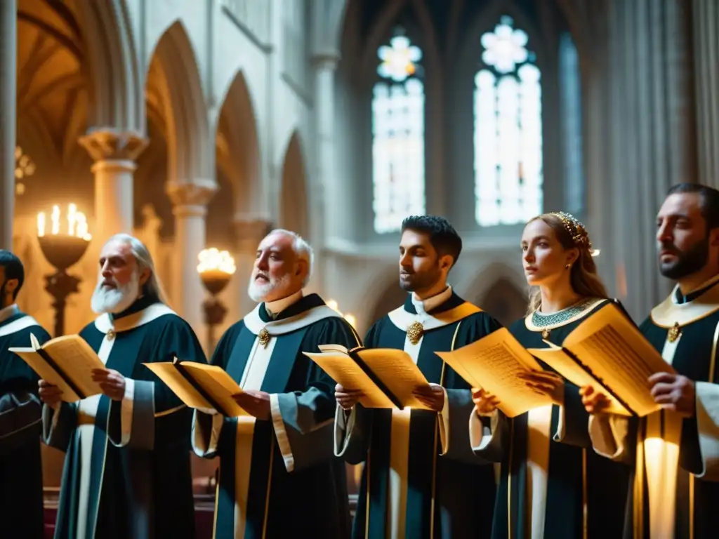 Un grupo de músicos medievales realiza un canto gregoriano en una catedral ornamentada, con un aura espiritual y acompañamiento instrumental