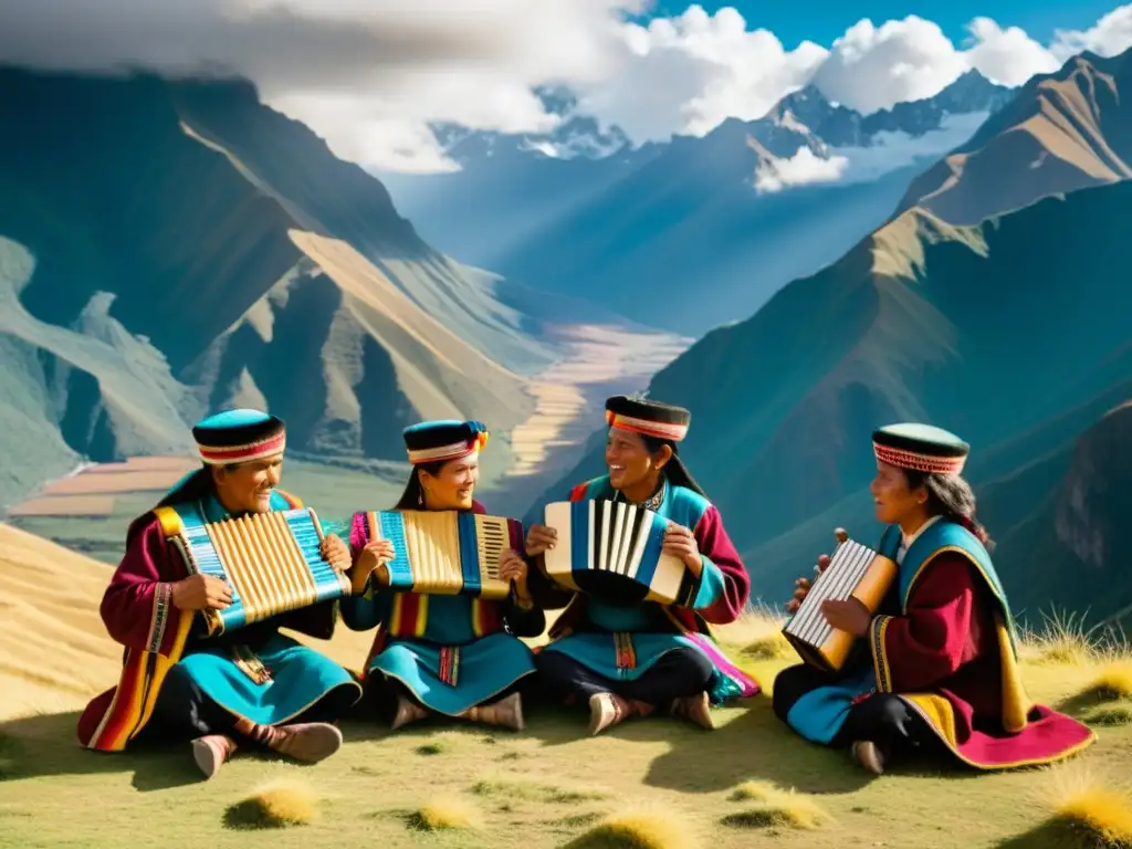 Un grupo de músicos incas toca melodías aéreas con zampoñas, con los majestuosos Andes de fondo