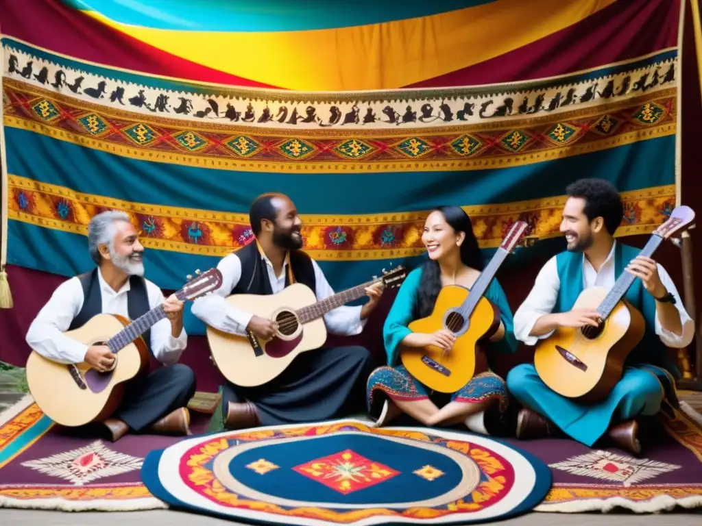 Un grupo de músicos improvisa melodías en un círculo, rodeados de coloridos tapices y banners en una atmósfera festiva de folklore musical