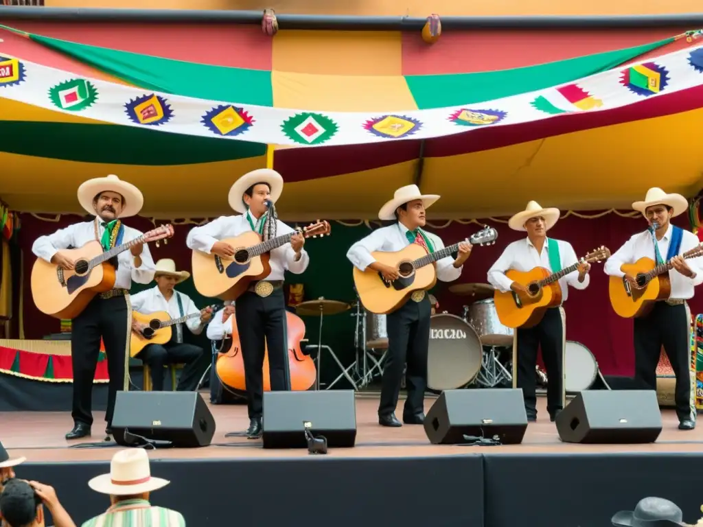 Un grupo de músicos toca música norteña mexicana en una plaza llena de gente, con banderas coloridas ondeando