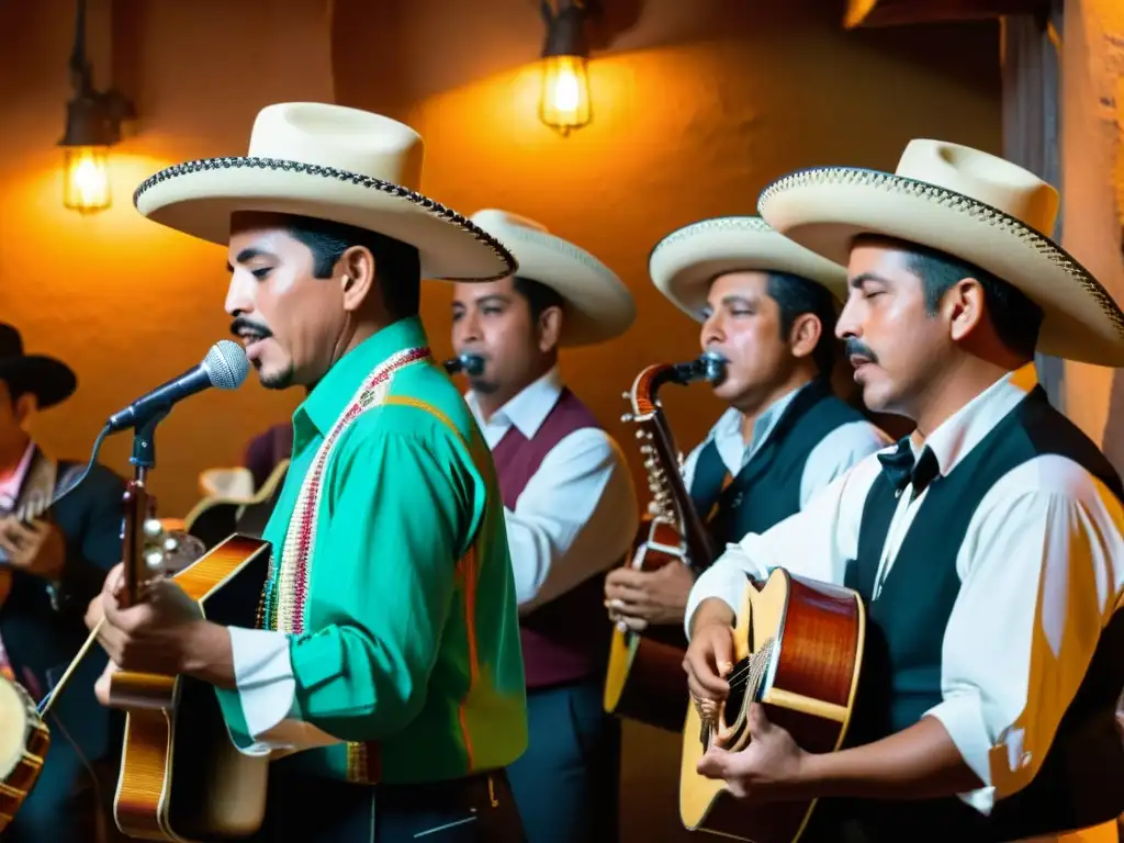 Grupo de músicos mexicanos tocando música norteña en una cantina