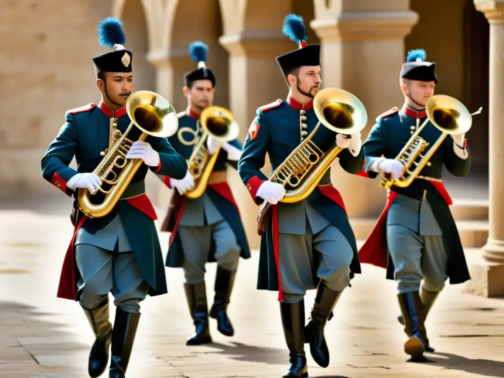 Un grupo de músicos militares tocando apasionadamente el helicón en un entorno histórico, destacando su importancia en la música militar