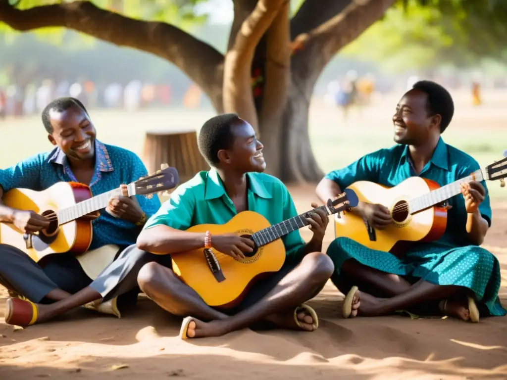 Grupo de músicos mozambiqueños tocan Chitende bajo un árbol, capturando la rica historia del chitende en Mozambique