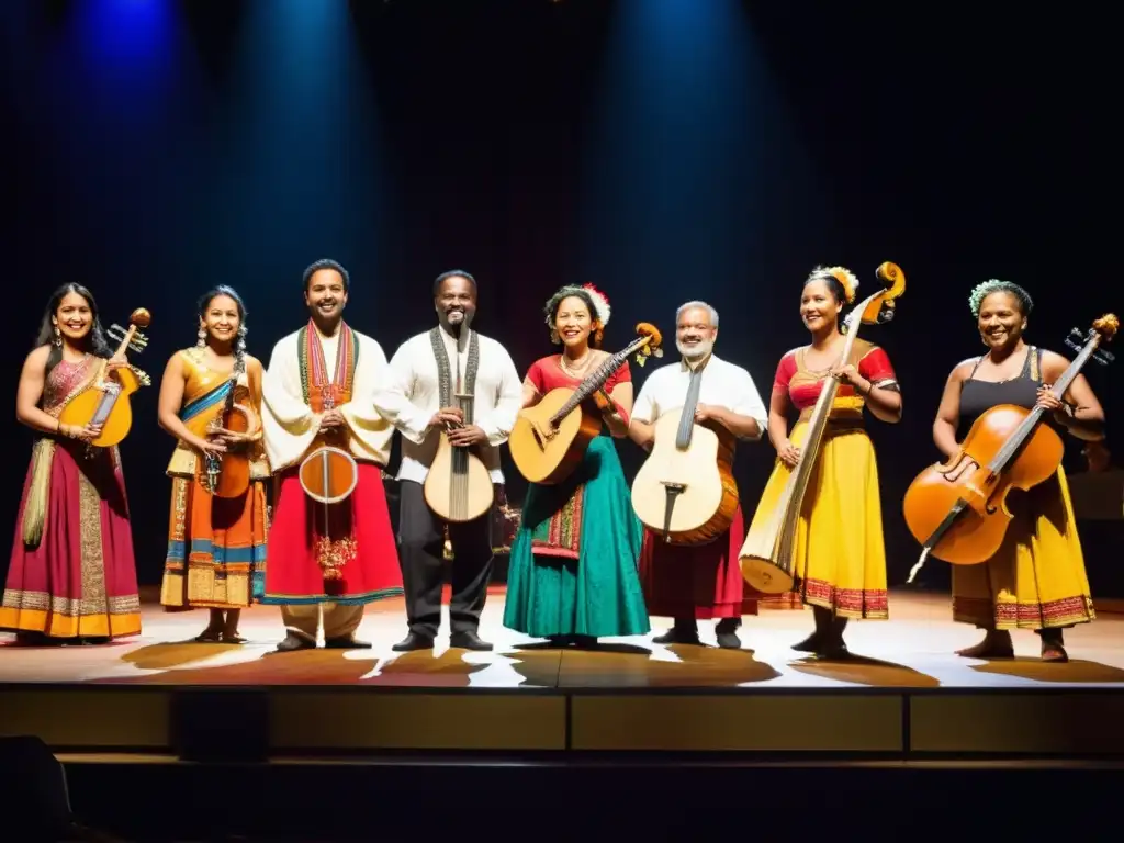 Un grupo de músicos de todo el mundo se reúnen en un escenario con instrumentos tradicionales