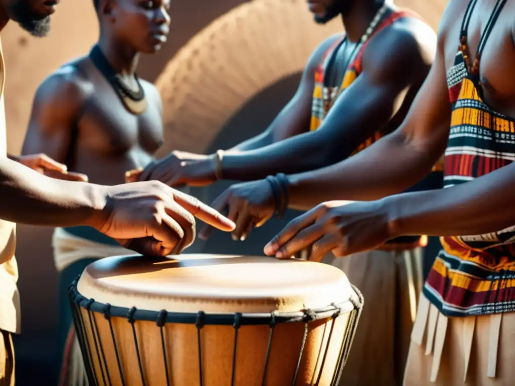 Un grupo de músicos improvisando en la música africana alrededor de un tambor Djembe, con expresiones apasionadas y concentradas