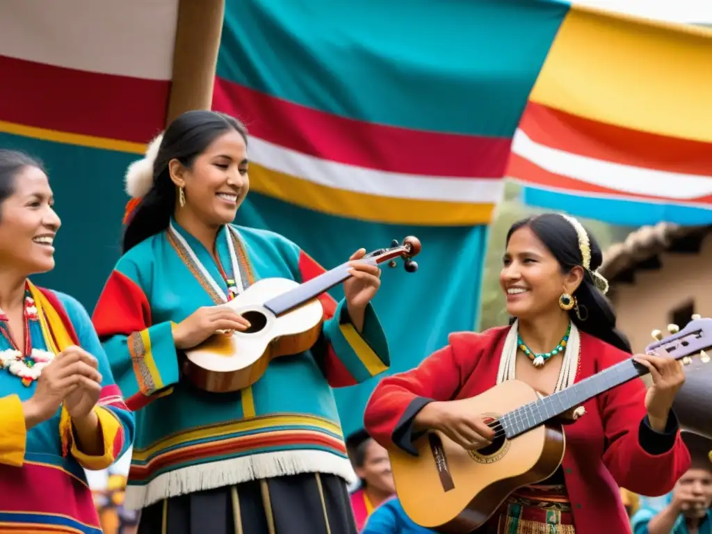 Grupo de músicos tocando música andina en charangos y zampoñas en un vibrante festival, rodeados de textiles coloridos y espectadores entusiastas