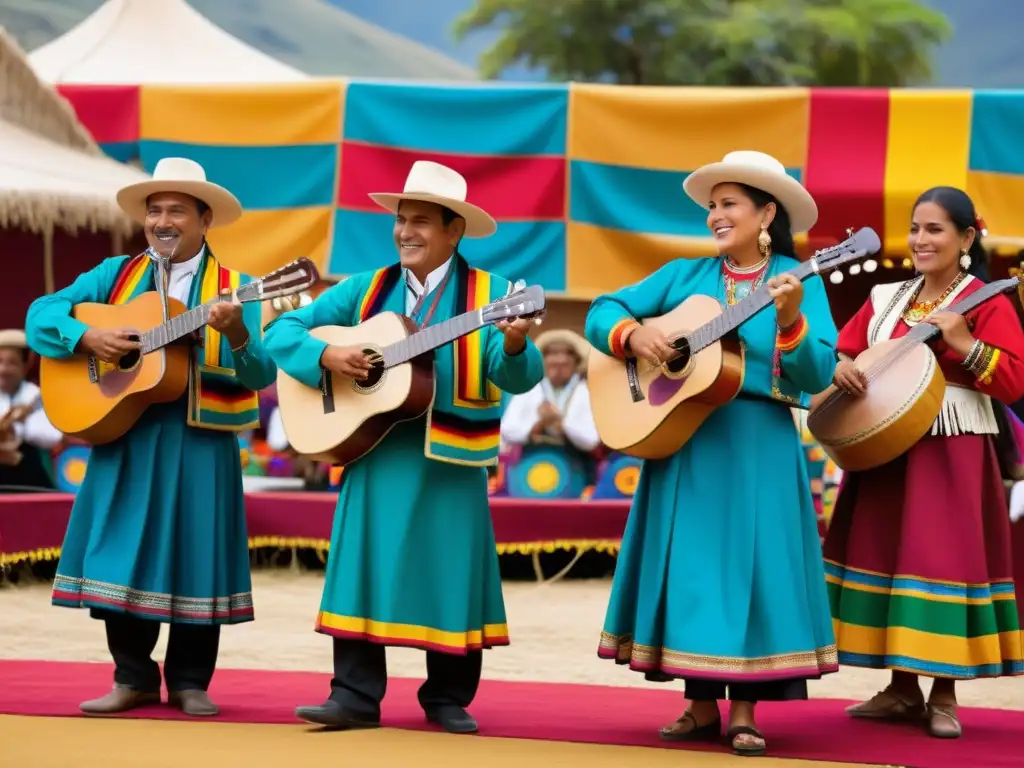 Grupo de músicos tocando música andina en un vibrante festival dedicado al charango