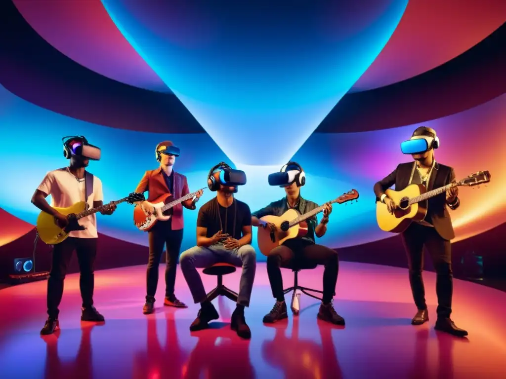 Grupo de músicos creando música en un estudio de realidad virtual con instrumentos futuristas