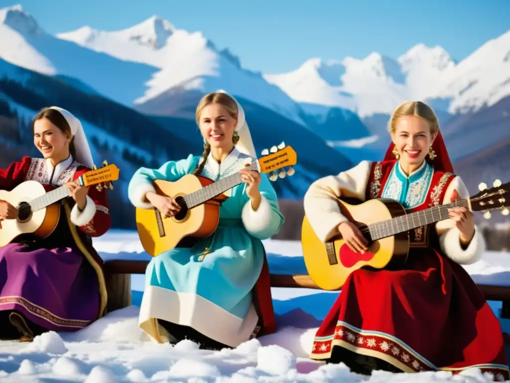 Grupo de músicos tocando música folclórica rusa con balalaikas, en medio de montañas nevadas y coloridos trajes tradicionales