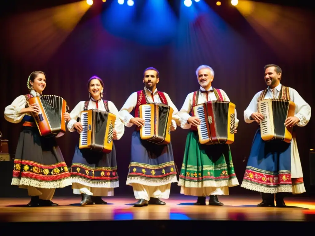 Grupo de músicos Tamburitzan interpretando música folclórica balcánica en un escenario, reflejando la influencia del Tamburitzan en los Balcanes