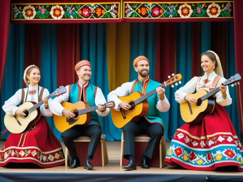 Grupo de músicos tocando música folclórica rusa con balalaikas, vestidos con trajes tradicionales coloridos en escenario decorado con motivos de arte folclórico