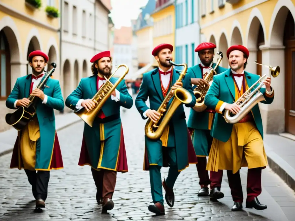 Un grupo de músicos ejecuta música folclórica en las calles de una ciudad europea, destacando un intérprete de Crumhorn