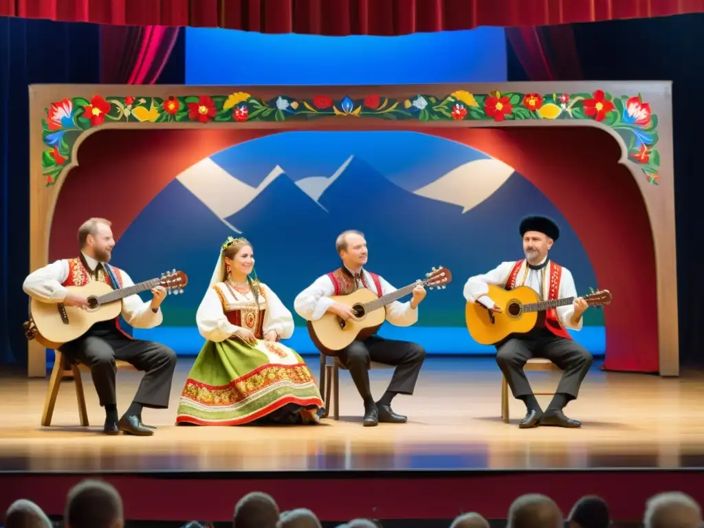 Grupo de músicos tocando música folclórica rusa con balalaika en primer plano