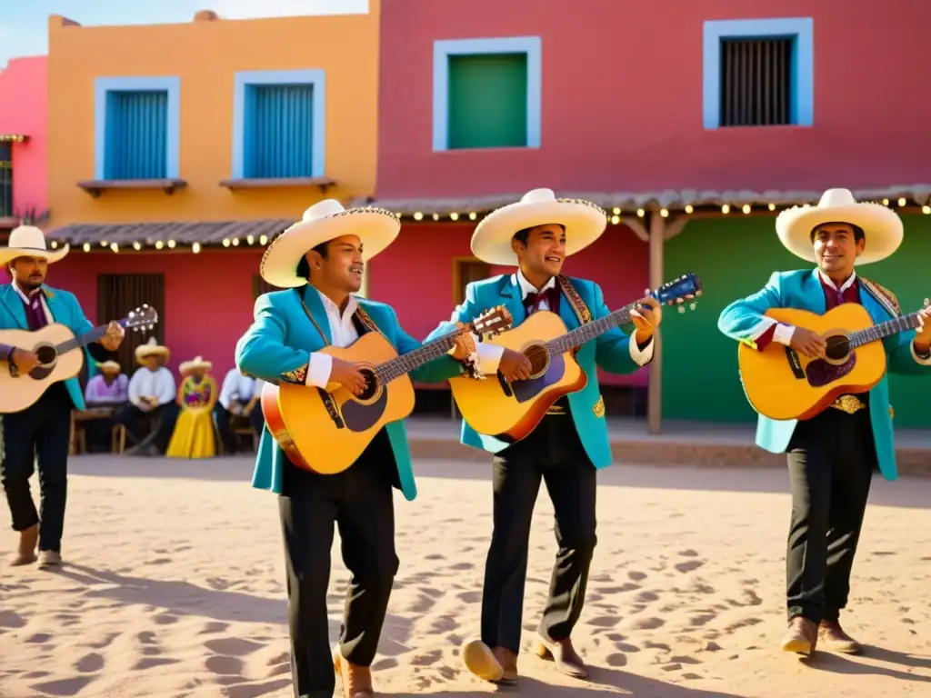 Un grupo de músicos interpretando música norteña en una plaza polvorienta, con edificios coloridos y cactus al fondo