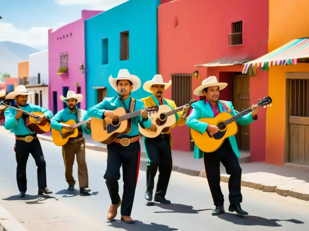 Grupo de músicos tocando música norteña en una calle polvorienta de un pueblo fronterizo mexicano, con edificios coloridos y atmósfera vibrante