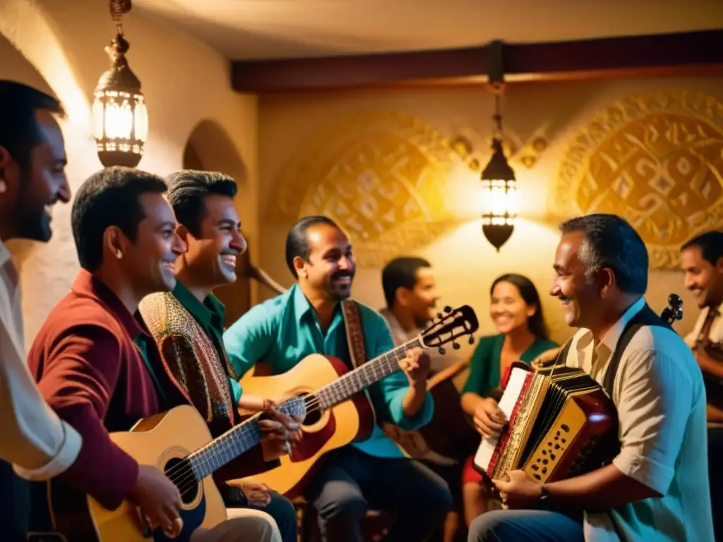 Grupo de músicos tocando música folk en una taberna acogedora, con un pandero cuadrado en primer plano, iluminado por la luz de las lámparas