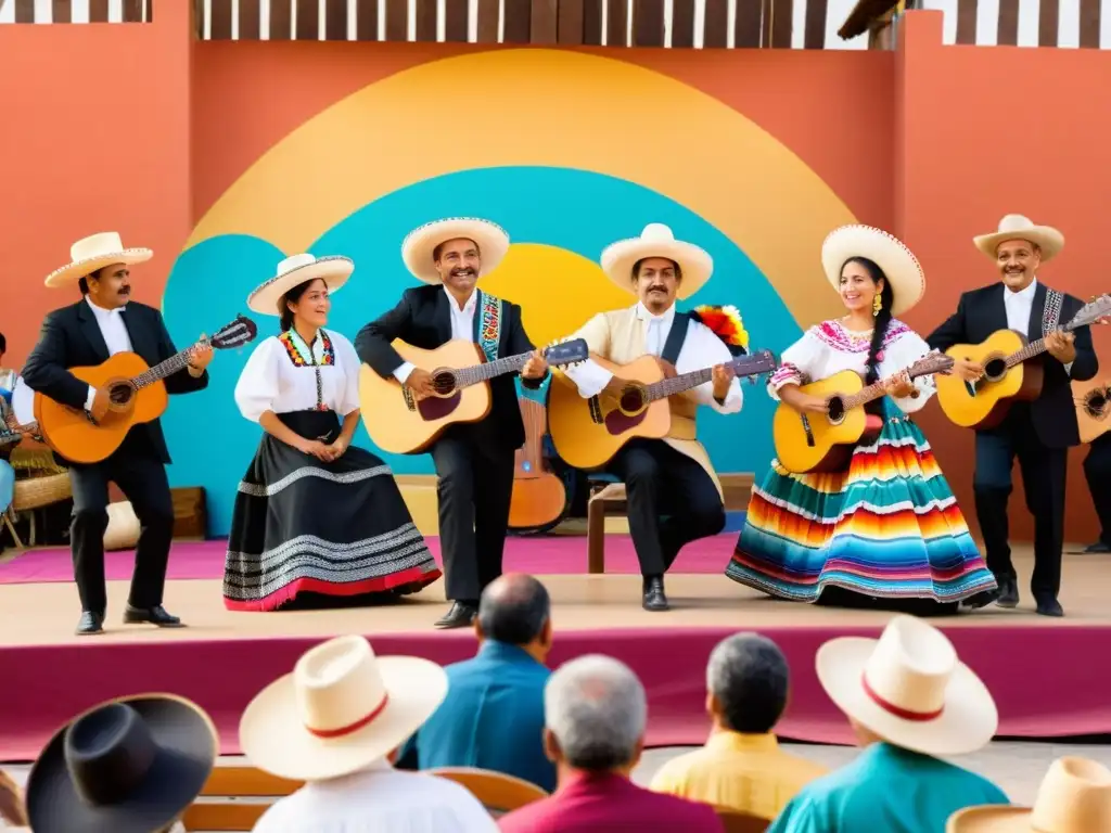 Grupo de músicos tocando música tradicional mexicana en el Festival de música tradicional Paracho, con vestimenta colorida y expresiones llenas de vida, mientras el sol se pone sobre el pintoresco pueblo