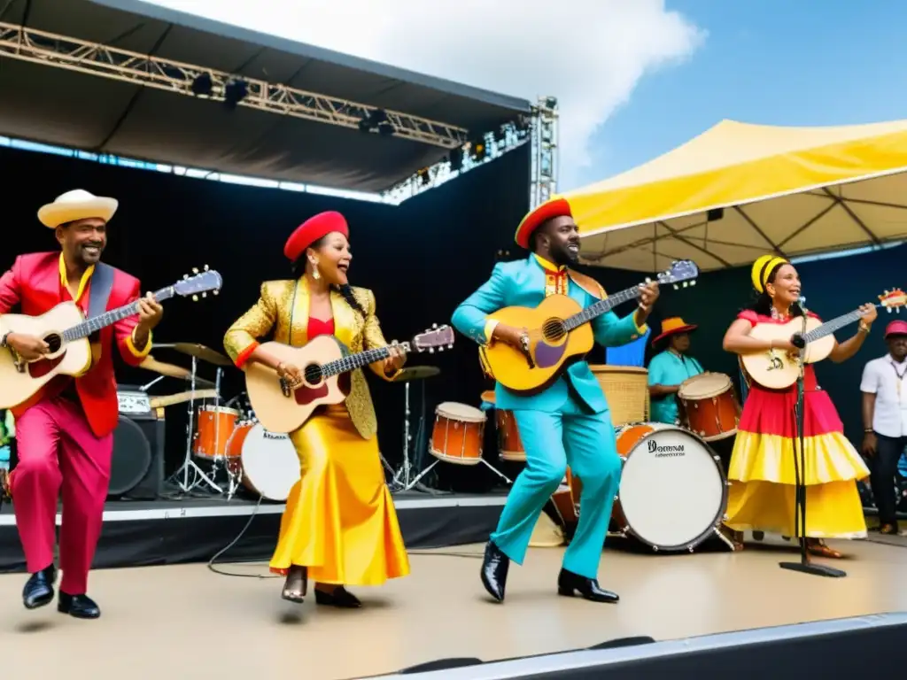 Grupo de músicos tocando música tradicional afrocolombiana en el Festival Petronio Álvarez, creando una atmósfera dinámica y llena de energía