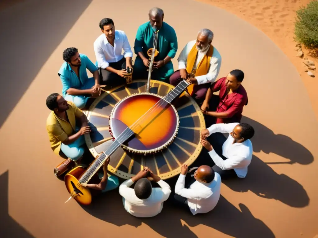 Un grupo de músicos diversos colabora en la composición musical con instrumentos tradicionales y modernos, bañados por la cálida luz del atardecer