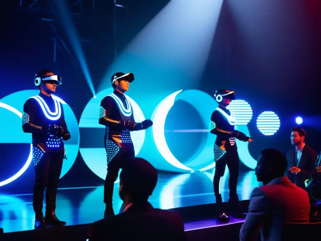 Grupo de músicos con wearables musicales tecnología moda, actuando en un escenario futurista con accesorios LED