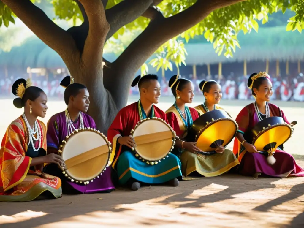 Grupo de músicos Fang tocan el Mvet bajo un árbol, vistiendo atuendos tradicionales vibrantes