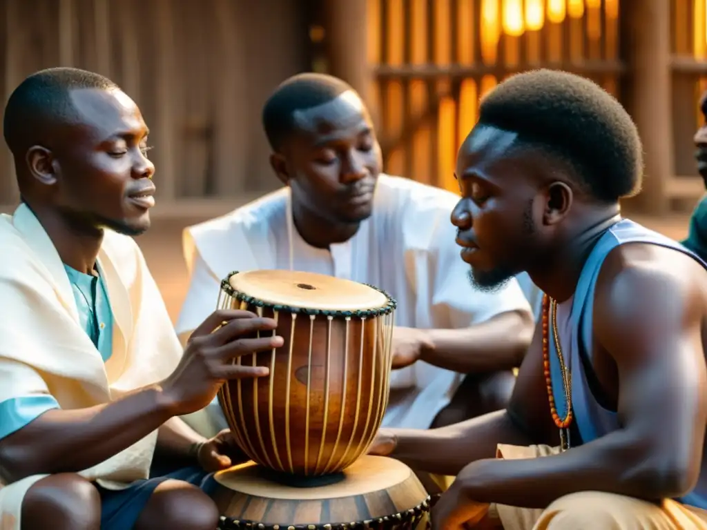 Un grupo de músicos nigerianos toca el Agidigbo al atardecer, reflejando la importancia cultural del instrumento nigeriano