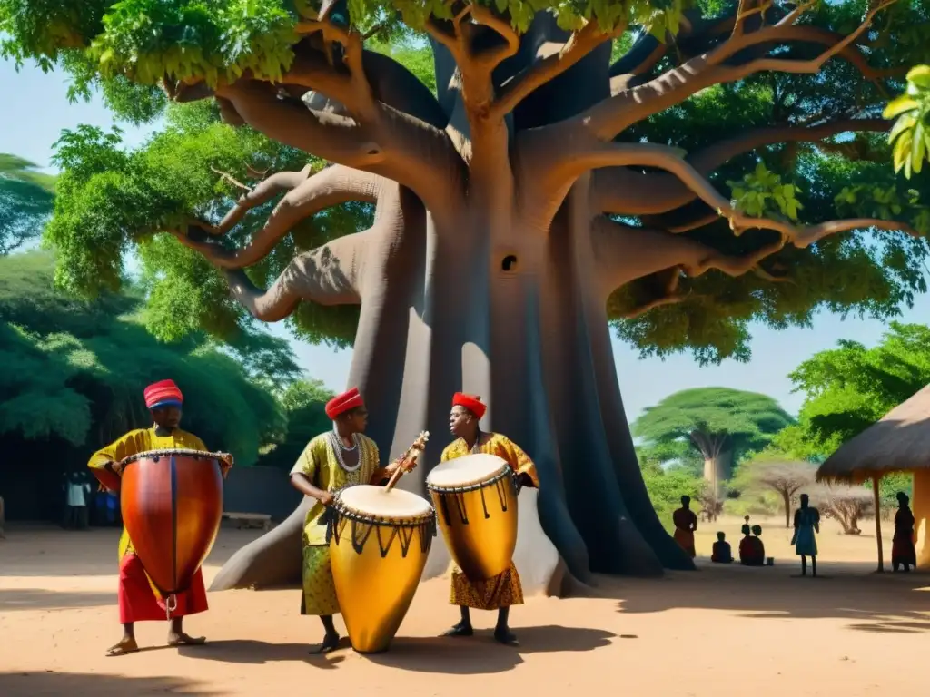 Grupo de músicos nigerianos tocando el Agidigbo bajo un baobab