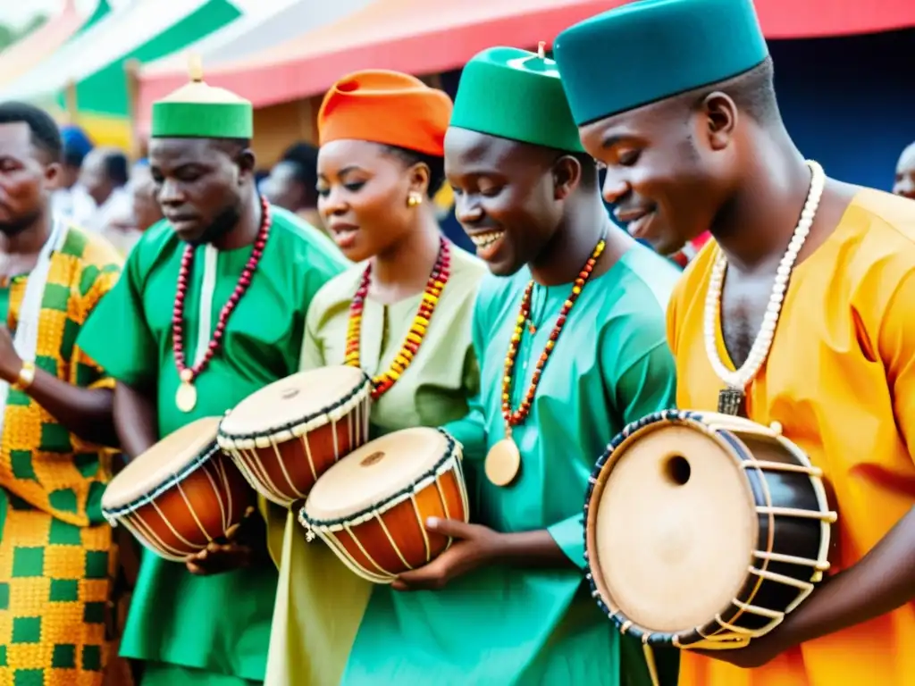 Grupo de músicos nigerianos tocando el tradicional Agidigbo en un festival cultural, mostrando la importancia cultural del Agidigbo nigeriano