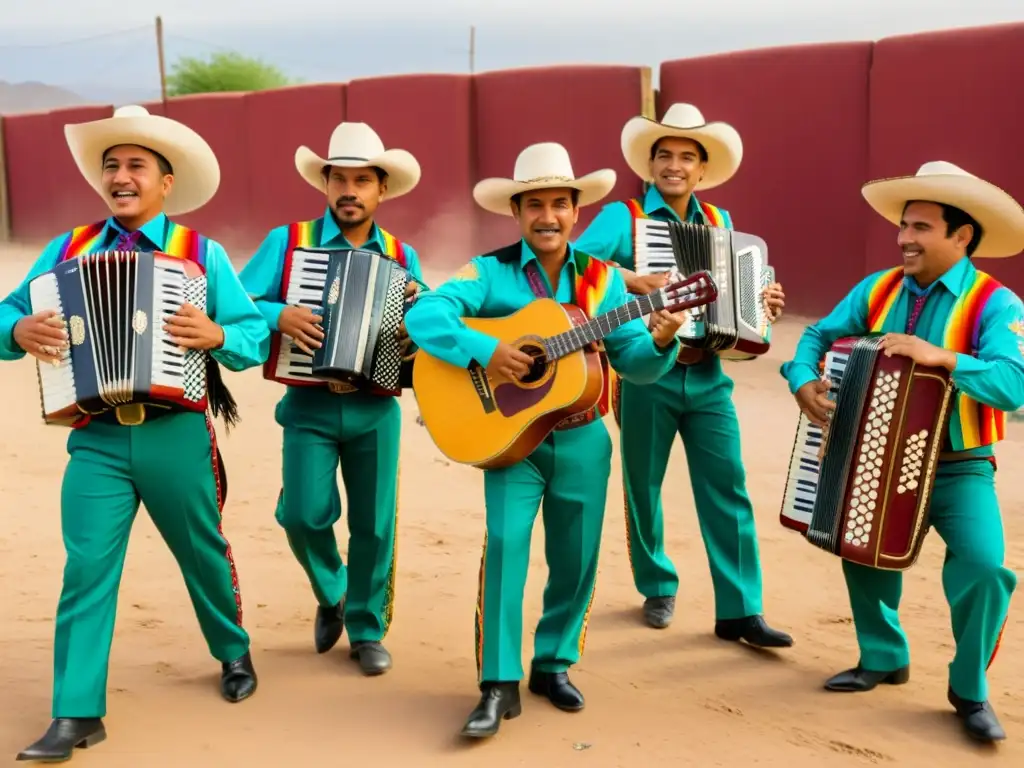 Grupo de músicos norteños con atuendos coloridos tocando en la calle, mientras el público baila y aplaude