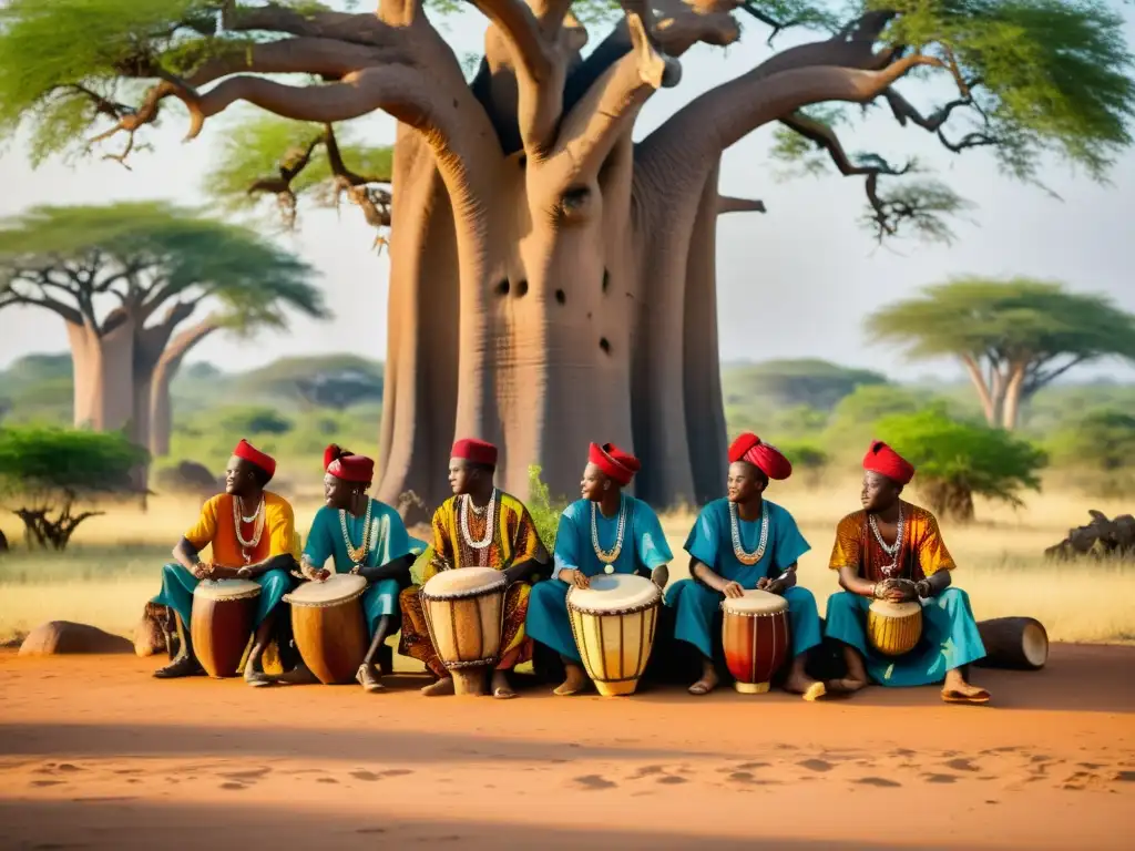 Grupo de músicos de África Occidental tocando tambor hablante bajo un baobab, transmitiendo la esencia cultural de la tradición musical