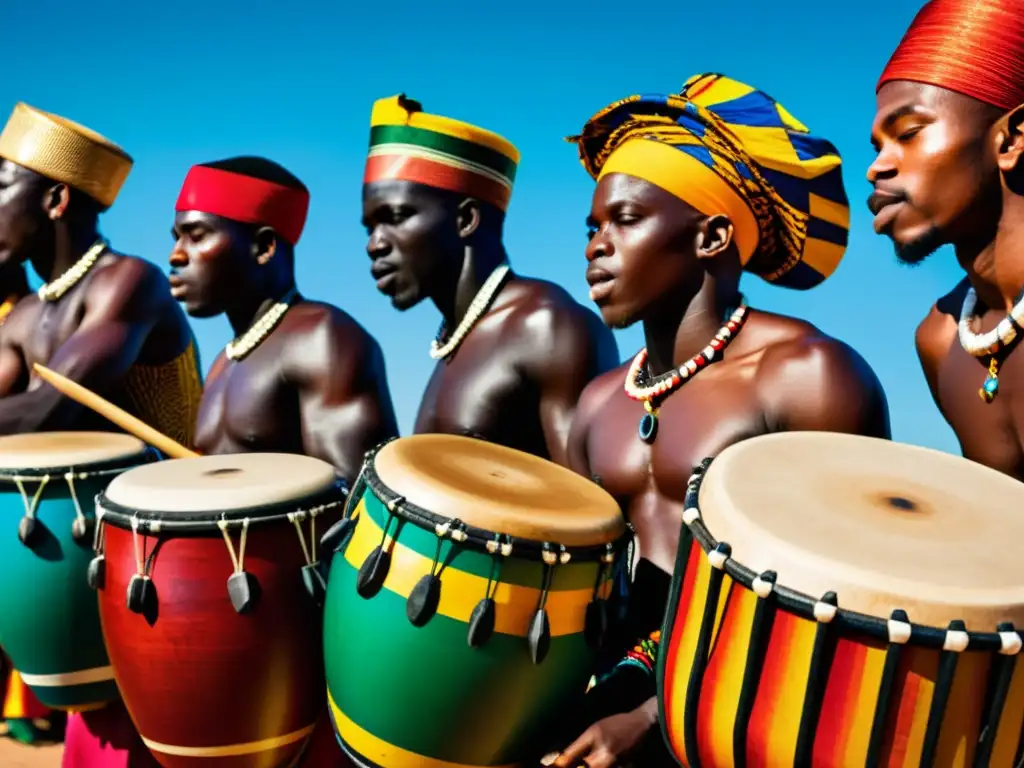 Grupo de músicos de África Occidental tocando tambor hablante, con vibrantes colores y movimientos dinámicos