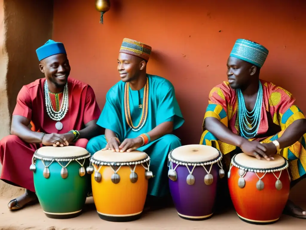 Un grupo de músicos de África Occidental tocan tambores bougarabou en un ambiente tradicional, vistiendo ropas vibrantes