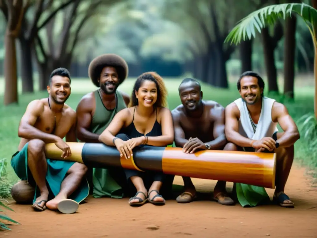 Un grupo de músicos de diferentes orígenes culturales tocando juntos el didgeridoo en un entorno natural, mostrando la diversidad y la unión a través de la música