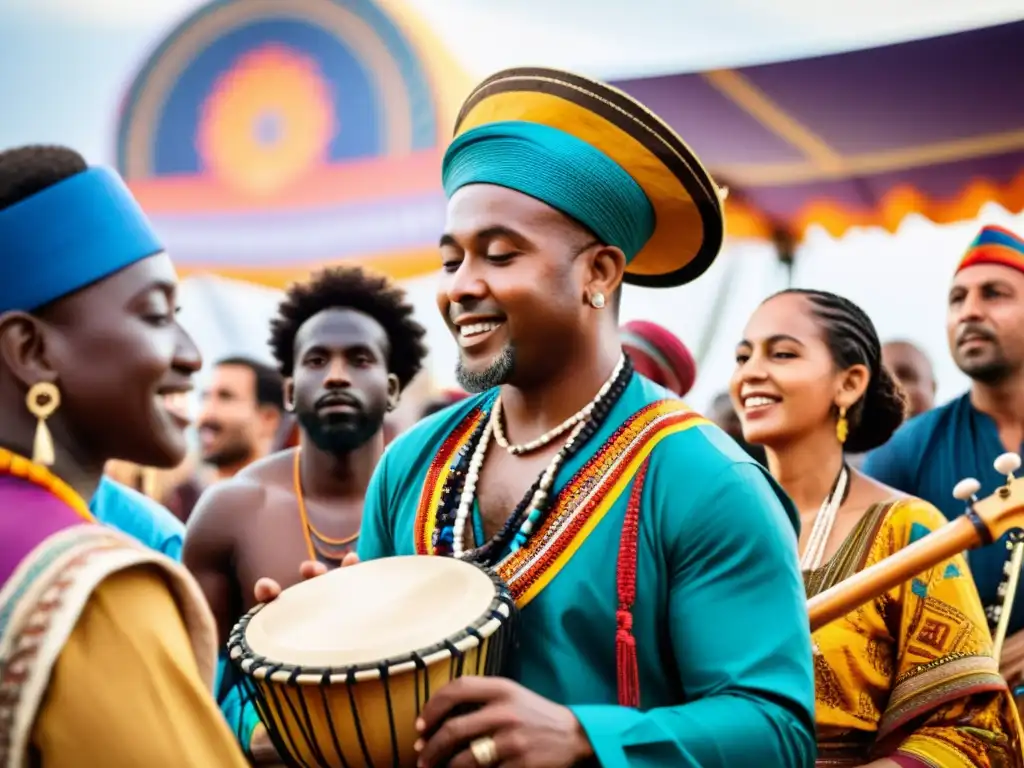 Grupo de músicos de distintos orígenes culturales tocando instrumentos musicales globales sostenibles en un festival de música sostenible, con colores vibrantes y detalles intrincados, mostrando la fusión de culturas y la importancia de prácticas sostenibles en la música