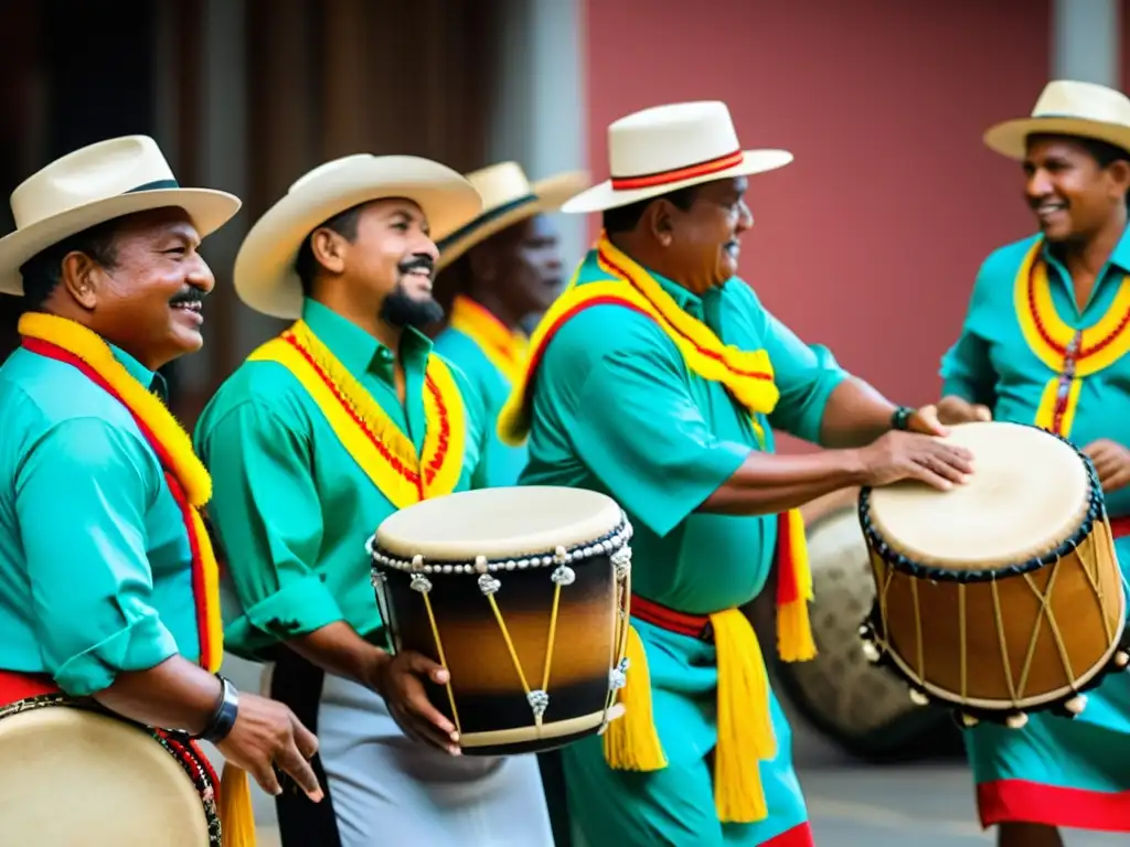 Grupo de músicos panameños vistiendo trajes tradicionales, tocando el tamborito panameño con pasión y ritmo, capturando la historia y la percusión