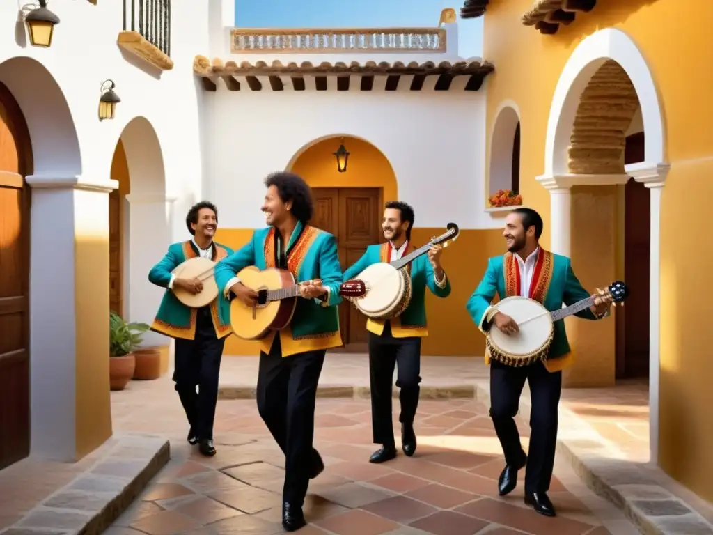 Grupo de músicos tocando pandero cuadrado en un patio español, capturando la esencia de la música tradicional española